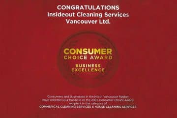 A red certificate congratulating Insideout Cleaning Services Vancouver Ltd. for winning the 2025 Consumer Choice Award for Business Excellence in cleaners Vancouver and House Cleaning Services.