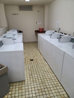 A laundry room with several white washing machines and dryers lined up against the walls. The floor has yellowed, tiled squares, and a countertop with a red basket is at the far end, perfect for cleaners Vancouver residents trust.